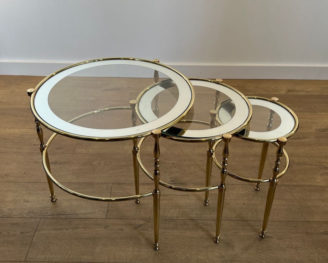 Set Of Three Round Brass Nesting Tables With Silver-rimmed Glass Tops, French Work, France, Cir-photo-3