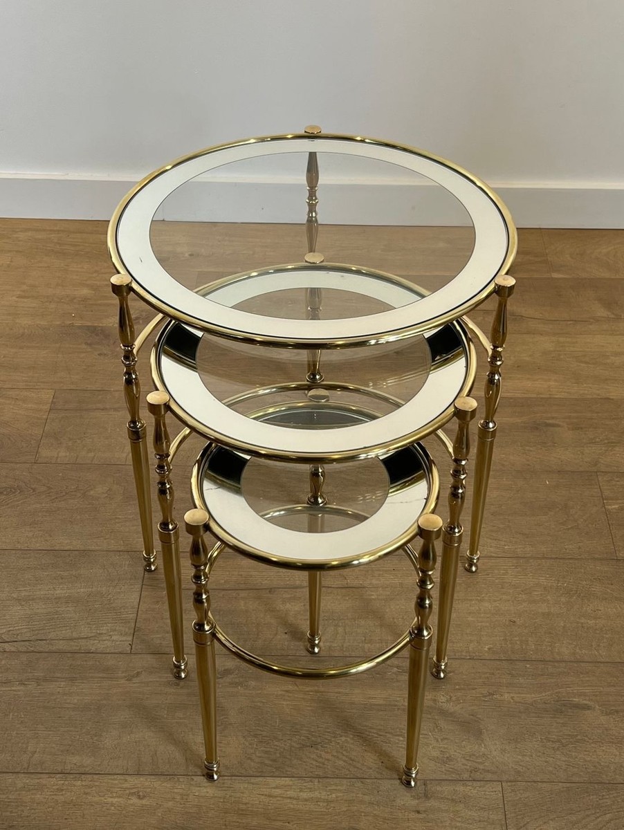 Set Of Three Round Brass Nesting Tables With Silver-rimmed Glass Tops, French Work, France, Cir-photo-4