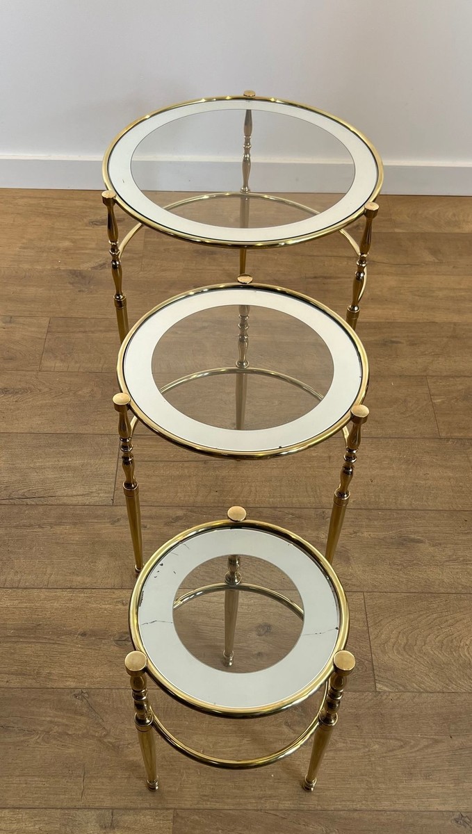 Set Of Three Round Brass Nesting Tables With Silver-rimmed Glass Tops, French Work, France, Cir-photo-1