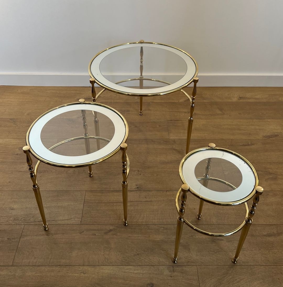 Set Of Three Round Brass Nesting Tables With Silver-rimmed Glass Tops, French Work, France, Cir-photo-2