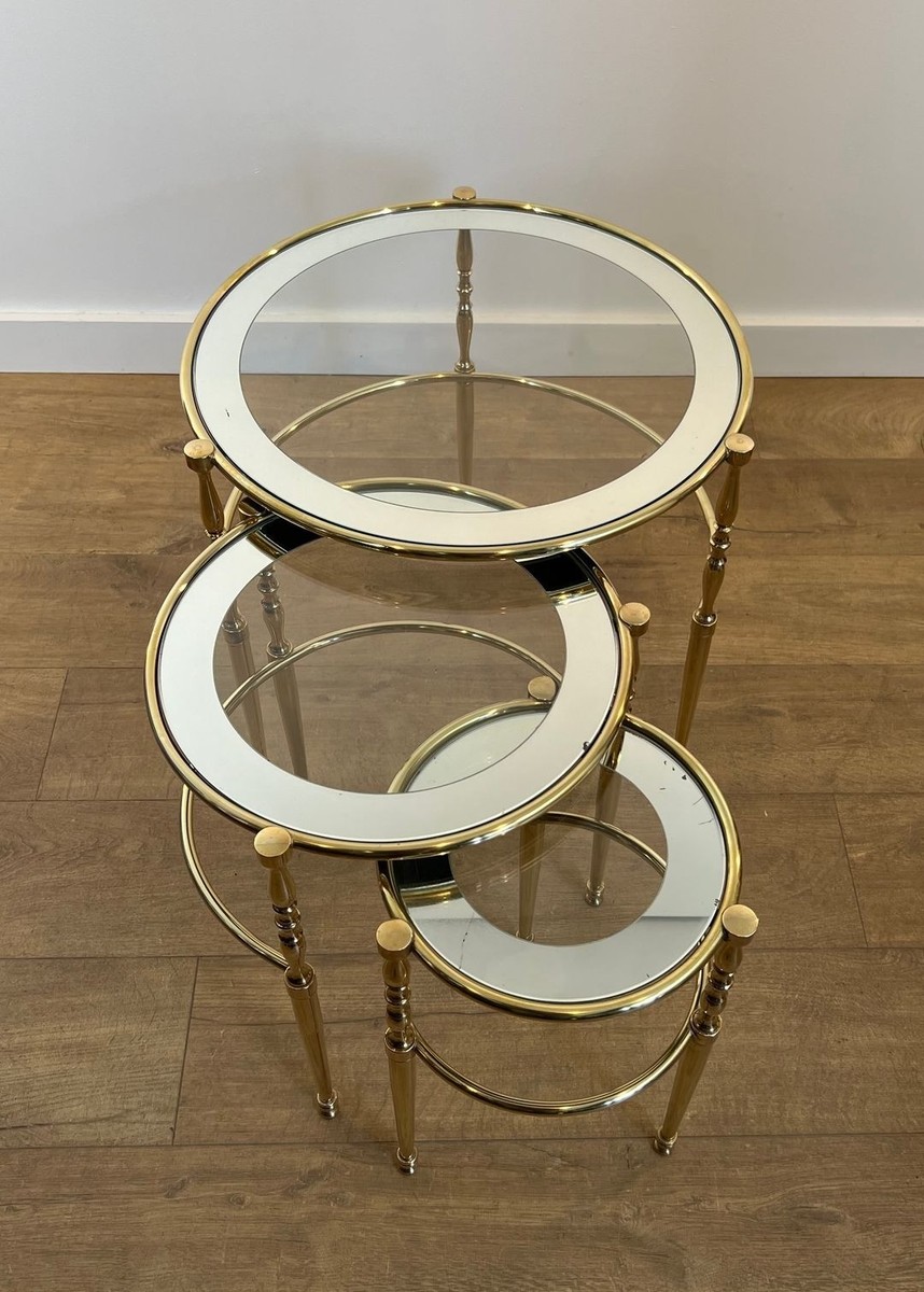 Set Of Three Round Brass Nesting Tables With Silver-rimmed Glass Tops, French Work, France, Cir-photo-3
