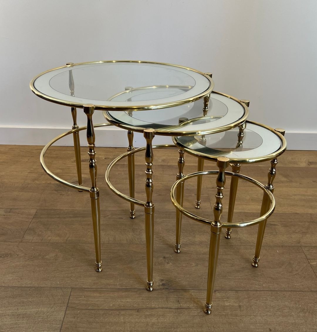 Set Of Three Round Brass Nesting Tables With Silver-rimmed Glass Tops, French Work, France, Cir-photo-4