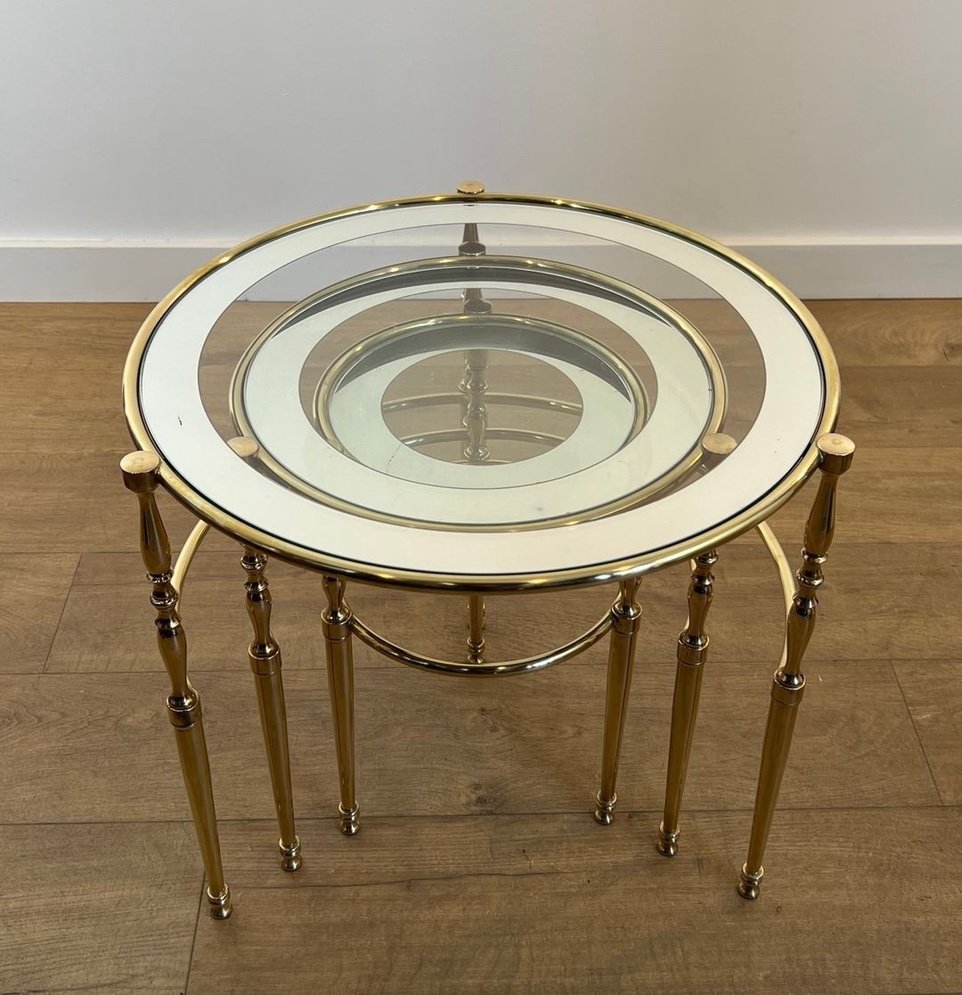 Set Of Three Round Brass Nesting Tables With Silver-rimmed Glass Tops, French Work, France, Cir-photo-5