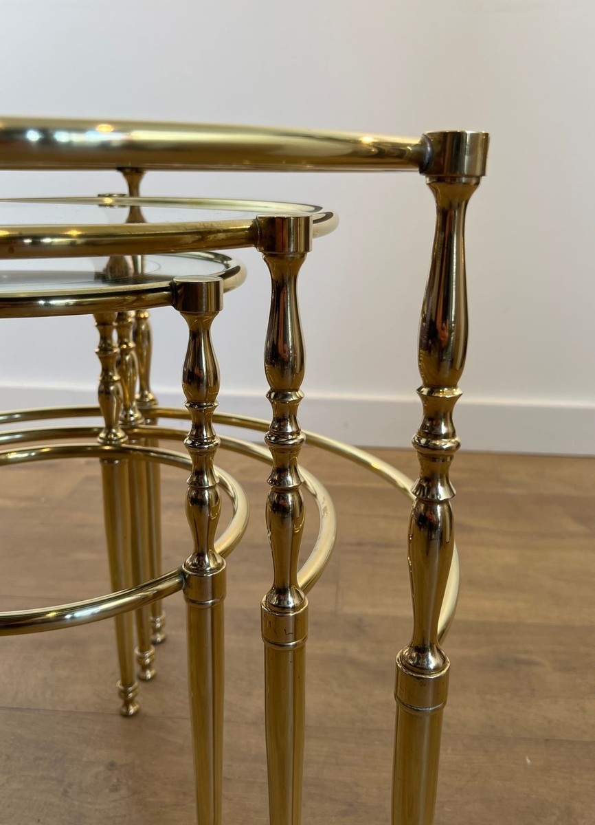Set Of Three Round Brass Nesting Tables With Silver-rimmed Glass Tops, French Work, France, Cir-photo-7