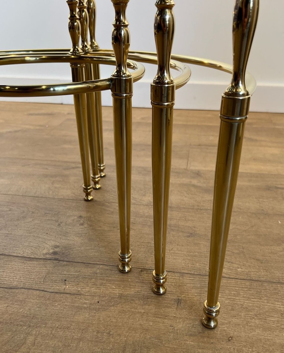Set Of Three Round Brass Nesting Tables With Silver-rimmed Glass Tops, French Work, France, Cir-photo-8