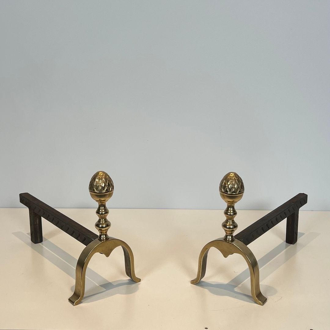 Pair Of Neoclassical Brass And Iron Andirons With Pine Cone Finials, In The Style Of Maison Jan-photo-2