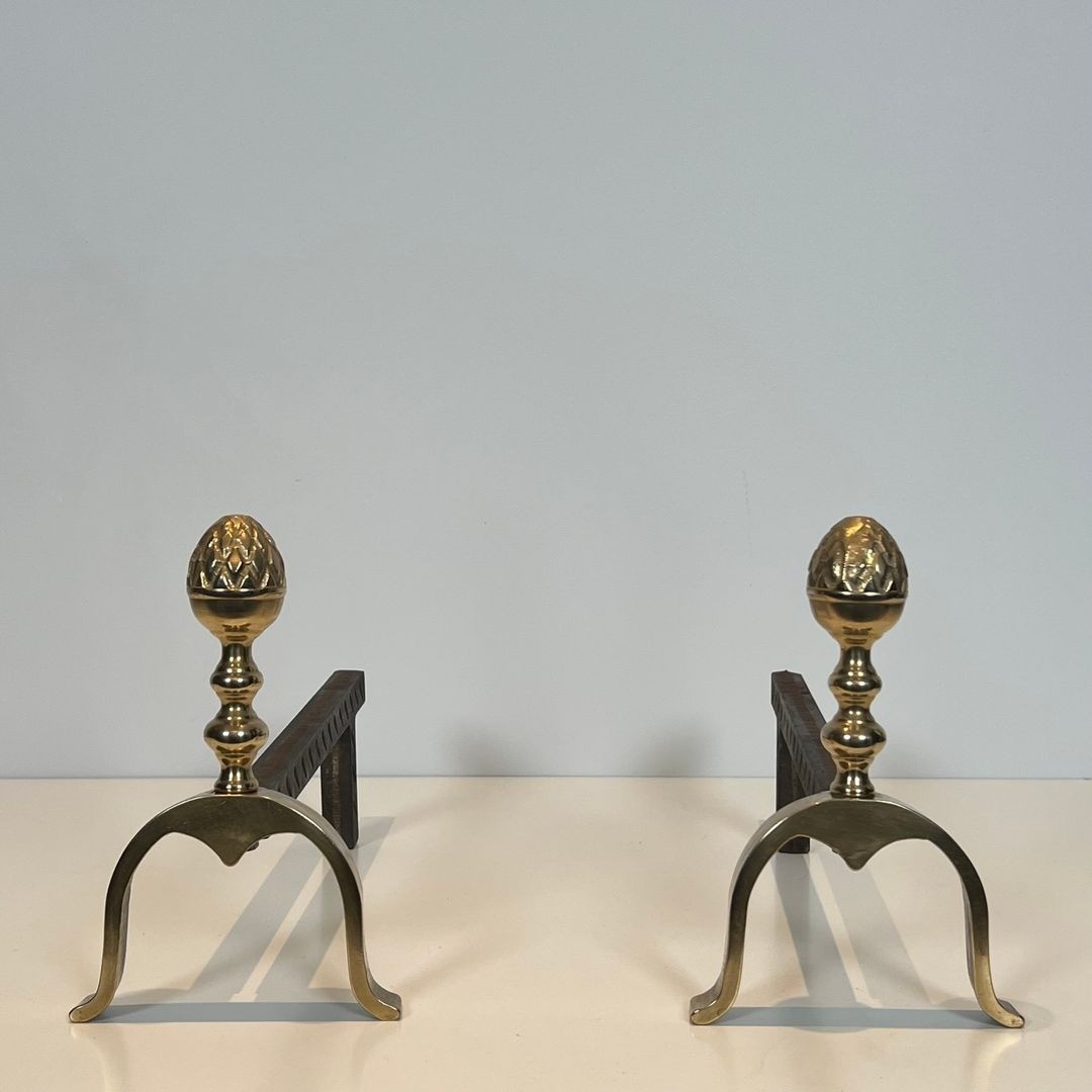 Pair Of Neoclassical Brass And Iron Andirons With Pine Cone Finials, In The Style Of Maison Jan-photo-3
