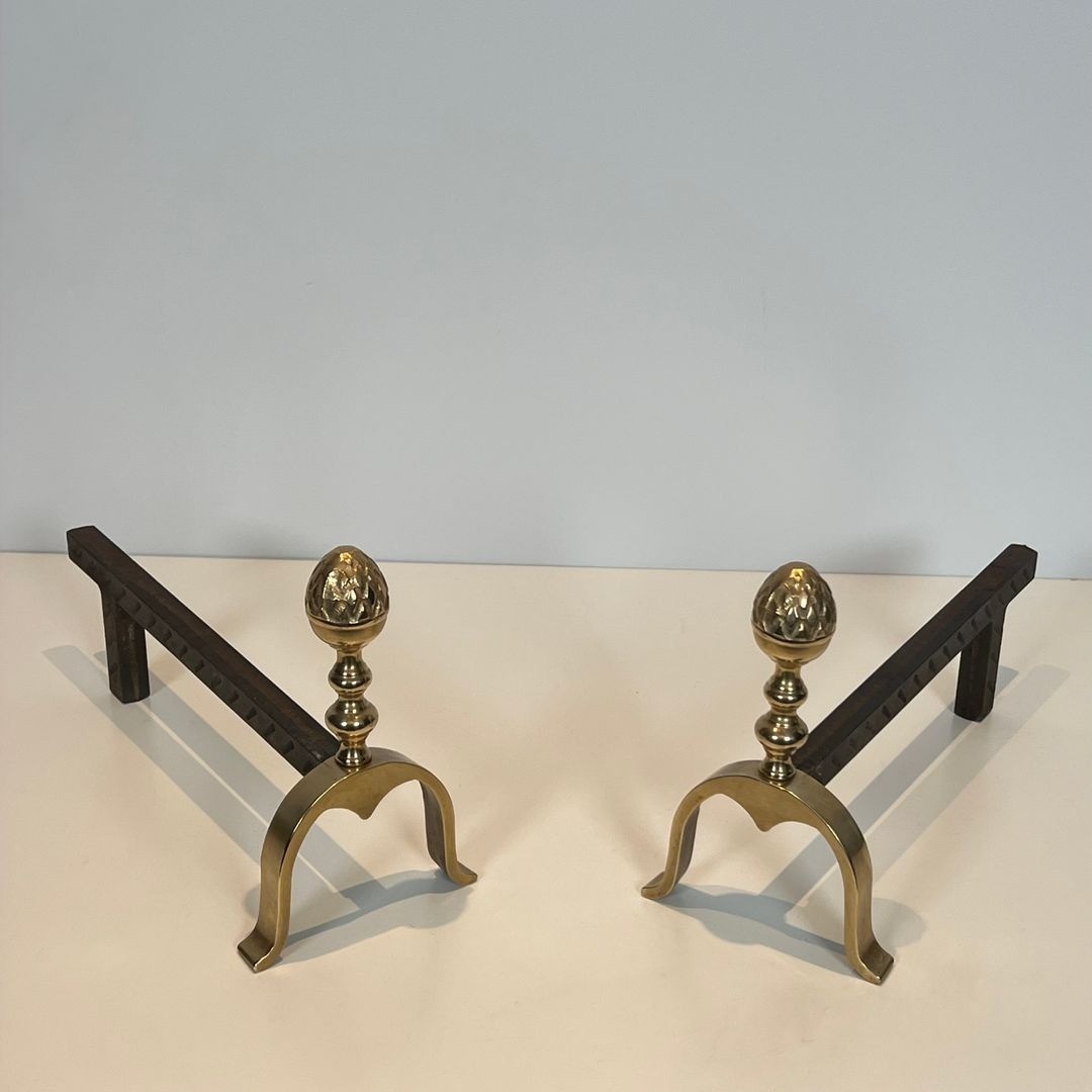 Pair Of Neoclassical Brass And Iron Andirons With Pine Cone Finials, In The Style Of Maison Jan-photo-4