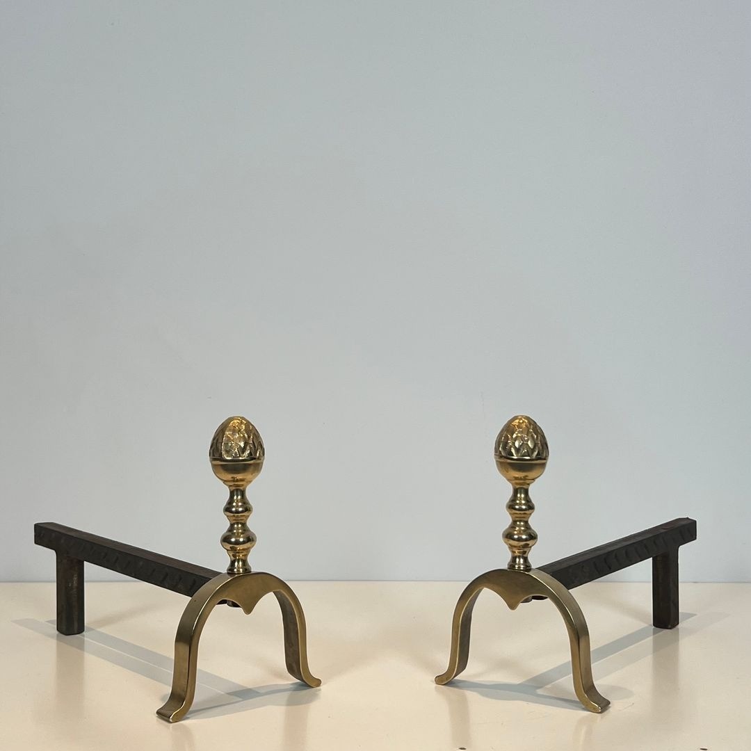 Pair Of Neoclassical Brass And Iron Andirons With Pine Cone Finials, In The Style Of Maison Jan-photo-1