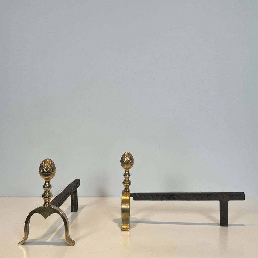 Pair Of Neoclassical Brass And Iron Andirons With Pine Cone Finials, In The Style Of Maison Jan-photo-2