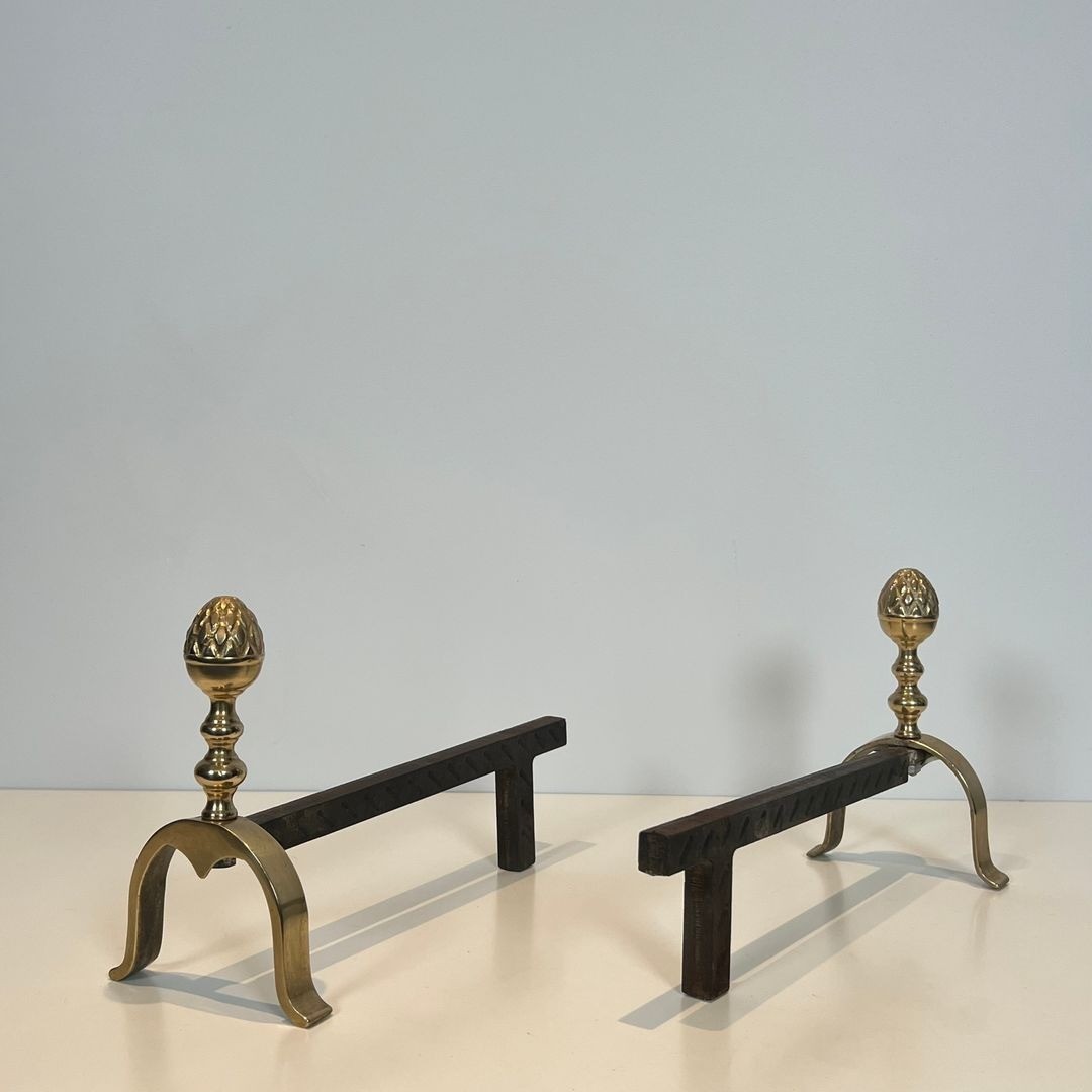 Pair Of Neoclassical Brass And Iron Andirons With Pine Cone Finials, In The Style Of Maison Jan-photo-3