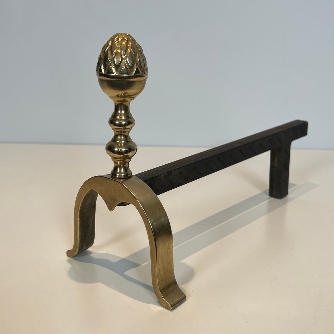 Pair Of Neoclassical Brass And Iron Andirons With Pine Cone Finials, In The Style Of Maison Jan-photo-4