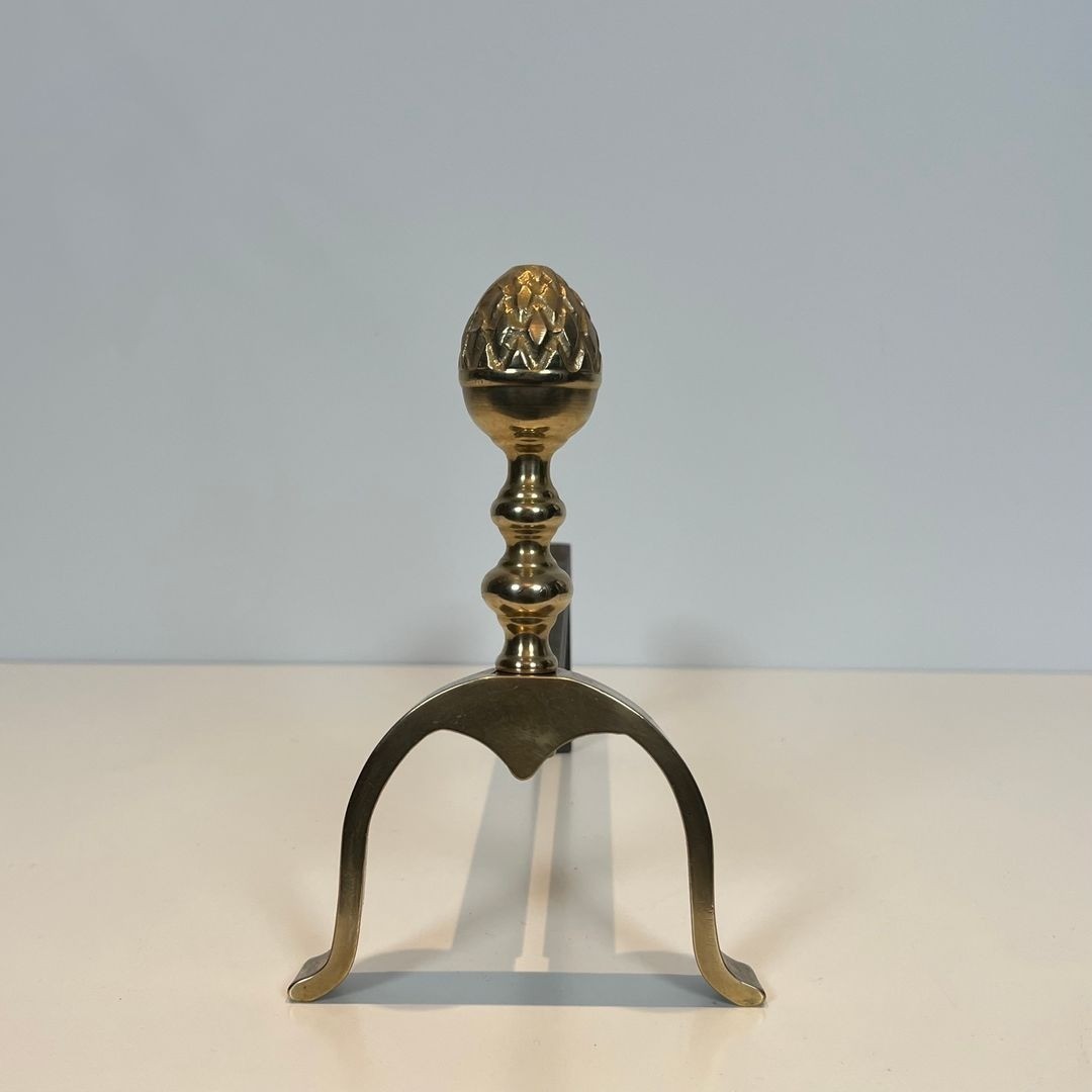 Pair Of Neoclassical Brass And Iron Andirons With Pine Cone Finials, In The Style Of Maison Jan-photo-5