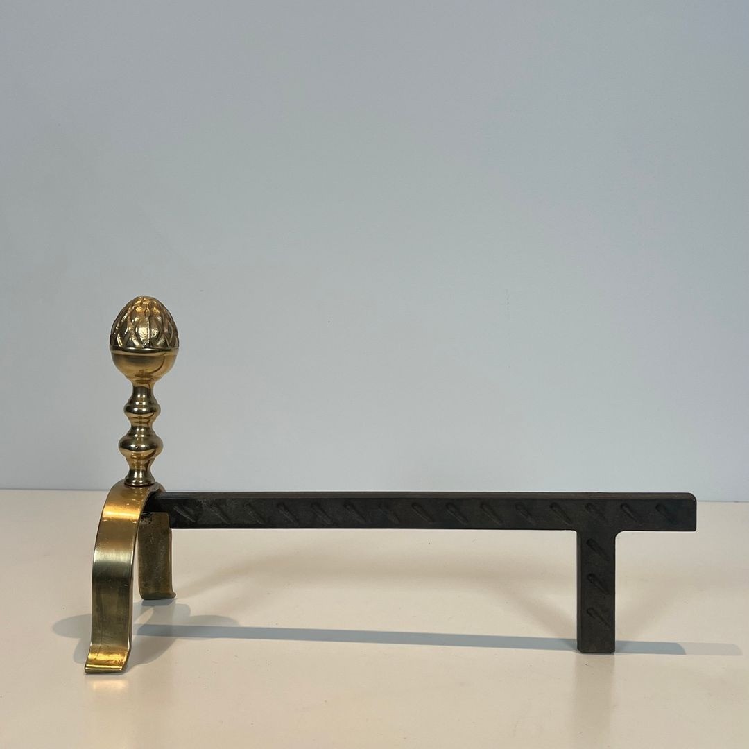 Pair Of Neoclassical Brass And Iron Andirons With Pine Cone Finials, In The Style Of Maison Jan-photo-6