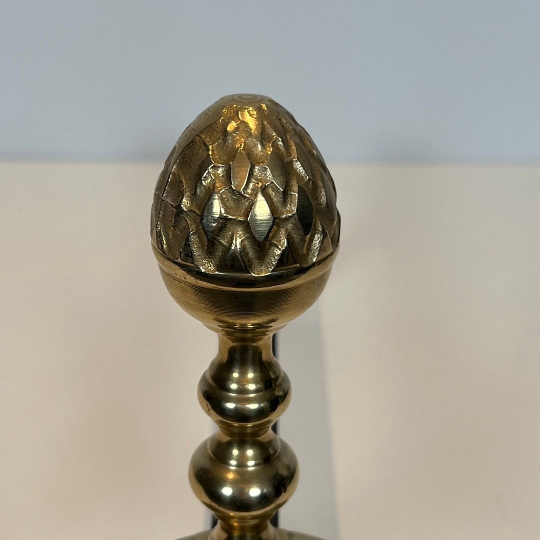 Pair Of Neoclassical Brass And Iron Andirons With Pine Cone Finials, In The Style Of Maison Jan-photo-7