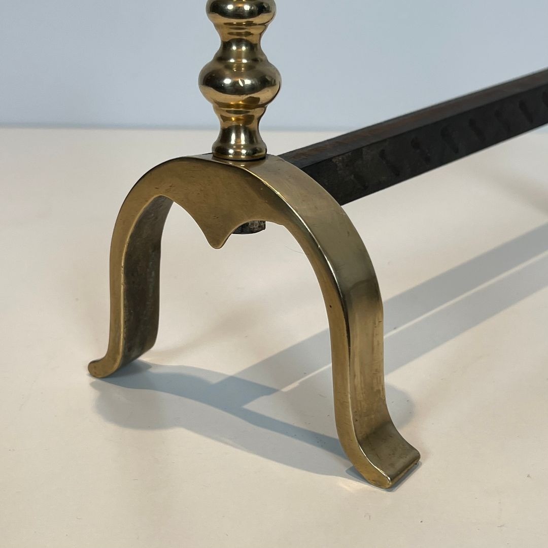 Pair Of Neoclassical Brass And Iron Andirons With Pine Cone Finials, In The Style Of Maison Jan-photo-8