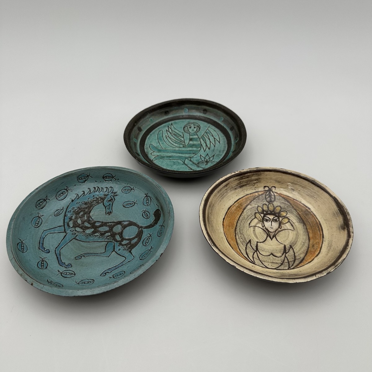 Set Of Three Glazed Ceramic Shallow Bowls With Mythological Decor, Signed Studio Pieces, 1950s--photo-2