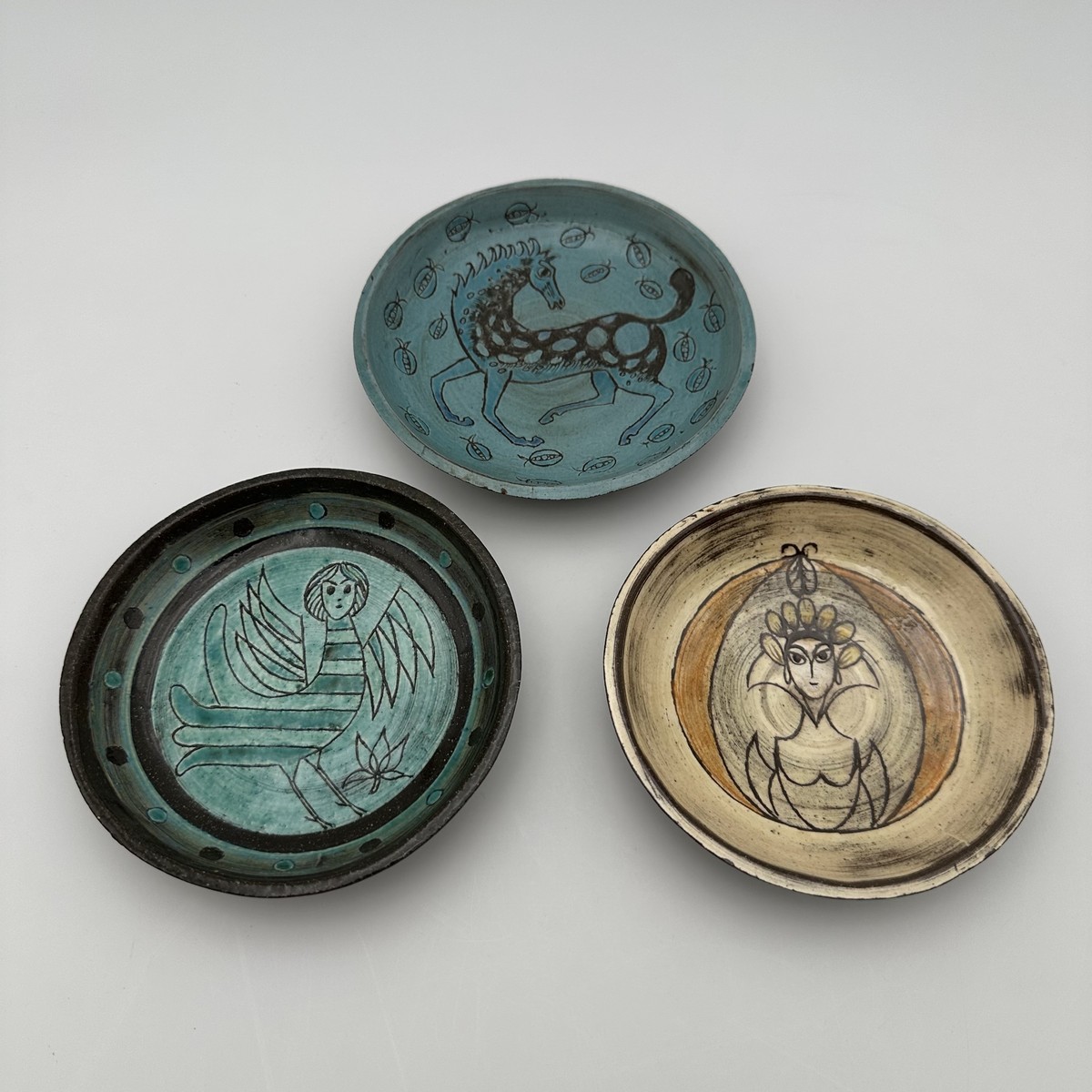 Set Of Three Glazed Ceramic Shallow Bowls With Mythological Decor, Signed Studio Pieces, 1950s--photo-4