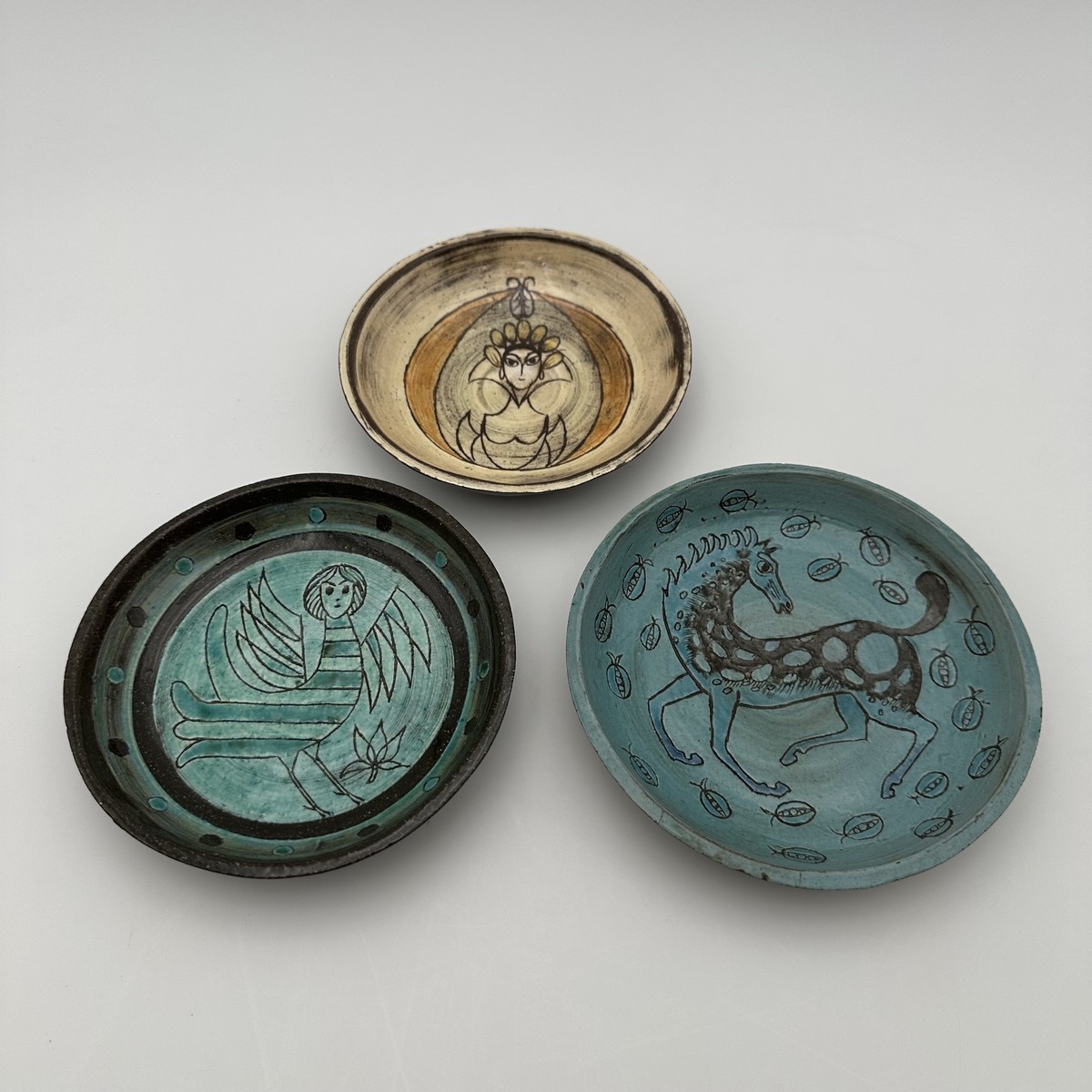 Set Of Three Glazed Ceramic Shallow Bowls With Mythological Decor, Signed Studio Pieces, 1950s--photo-2