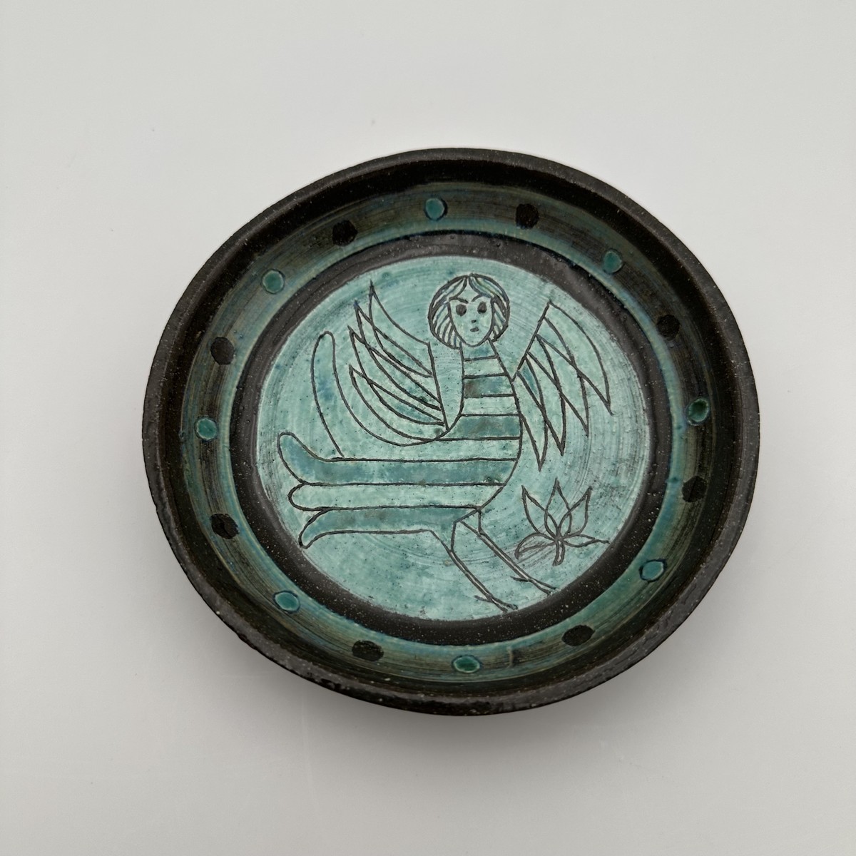 Set Of Three Glazed Ceramic Shallow Bowls With Mythological Decor, Signed Studio Pieces, 1950s--photo-5