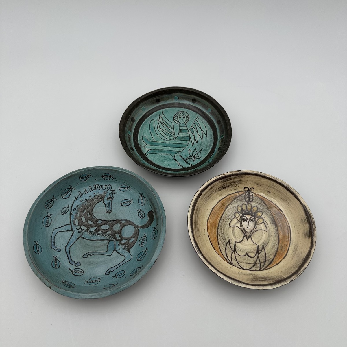 Set Of Three Glazed Ceramic Shallow Bowls With Mythological Decor, Signed Studio Pieces, 1950s--photo-7
