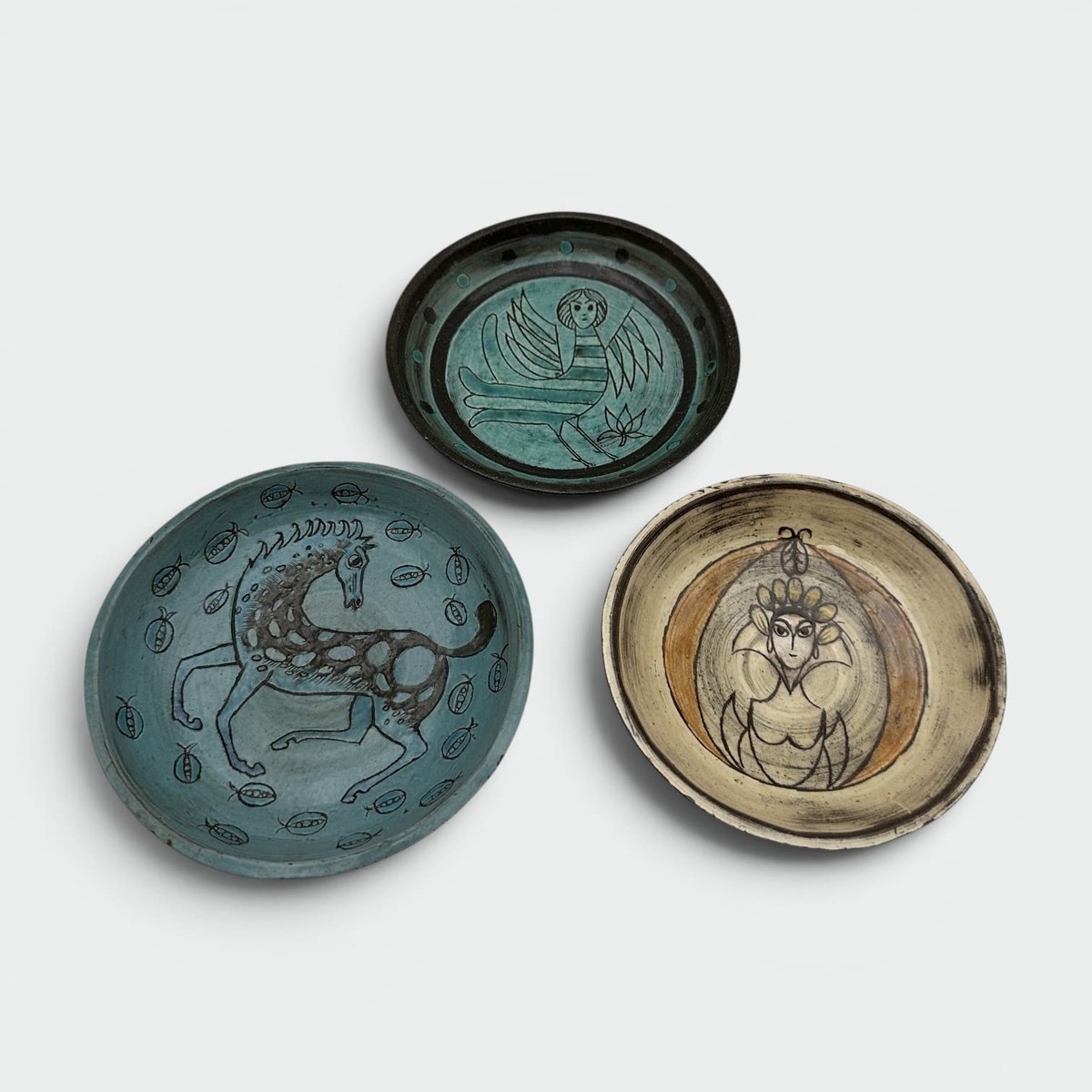 Set Of Three Glazed Ceramic Shallow Bowls With Mythological Decor, Signed Studio Pieces, 1950s-