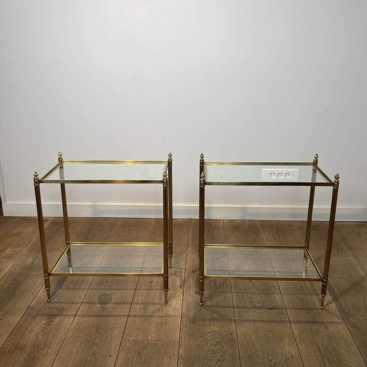 Pair Of Two-tier Brass And Glass Side Tables. French Work Maison Jansen. Circa 1950-photo-2