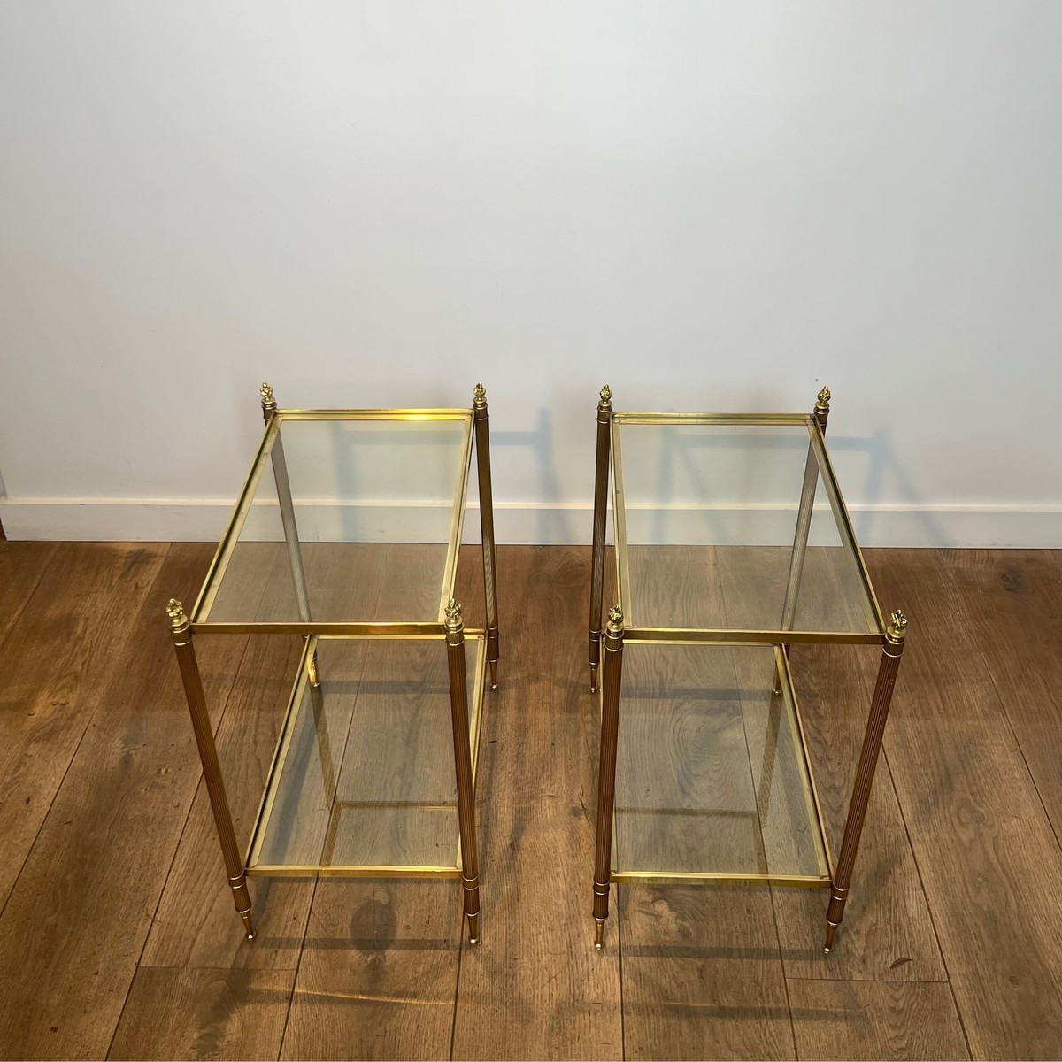 Pair Of Two-tier Brass And Glass Side Tables. French Work Maison Jansen. Circa 1950-photo-3