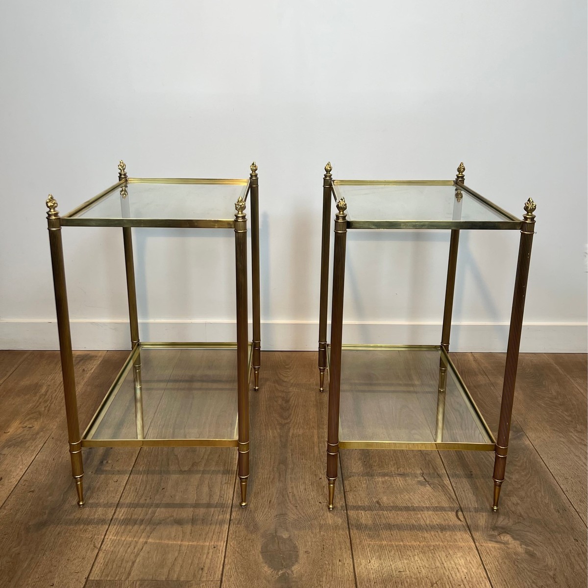 Pair Of Two-tier Brass And Glass Side Tables. French Work Maison Jansen. Circa 1950-photo-4