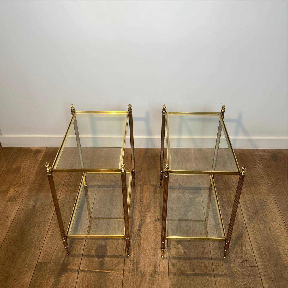 Pair Of Two-tier Brass And Glass Side Tables. French Work Maison Jansen. Circa 1950-photo-6