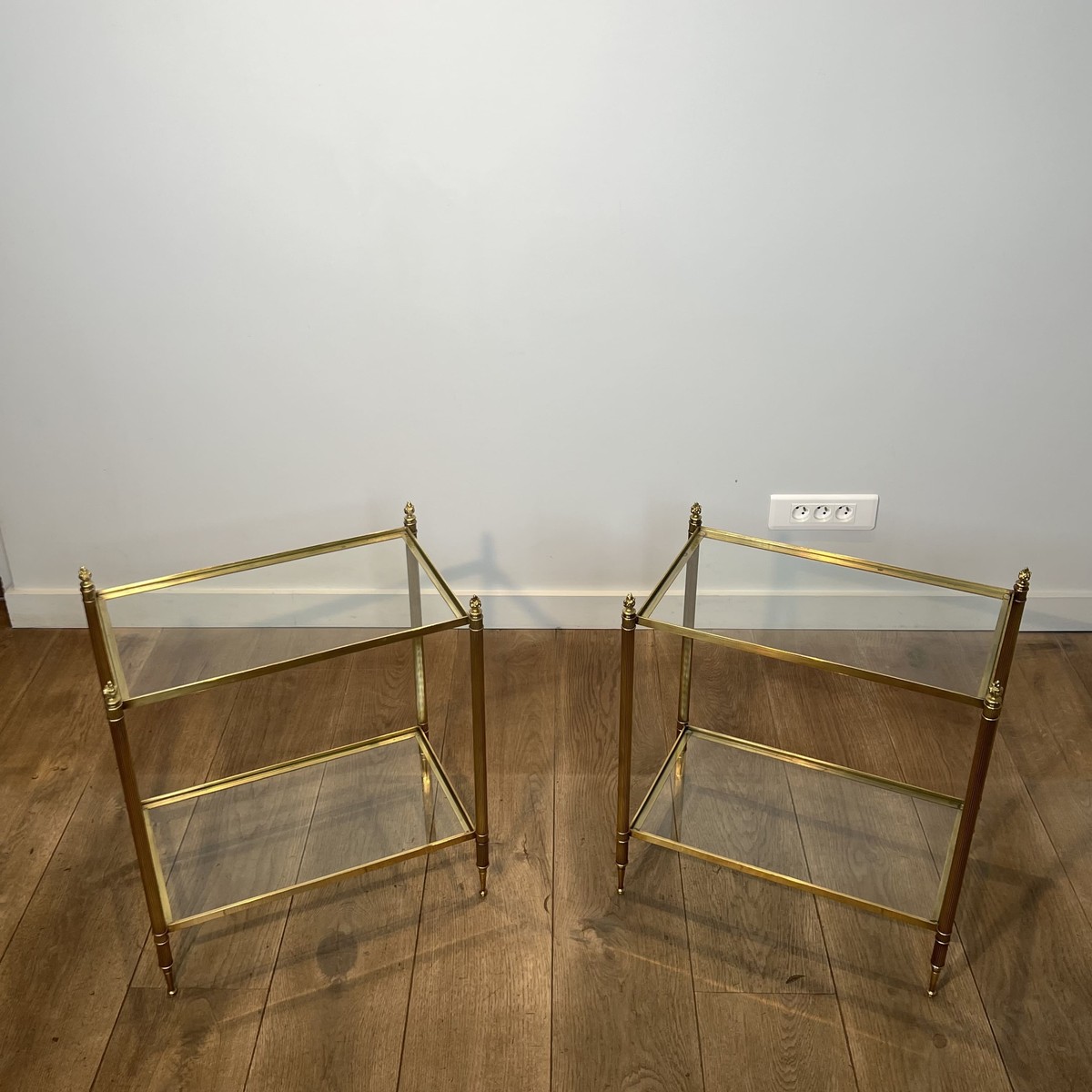 Pair Of Two-tier Brass And Glass Side Tables. French Work Maison Jansen. Circa 1950-photo-7