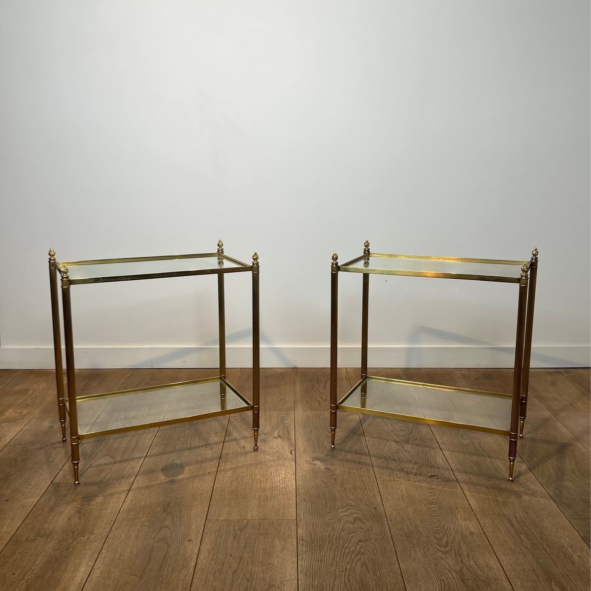 Pair Of Two-tier Brass And Glass Side Tables. French Work Maison Jansen. Circa 1950