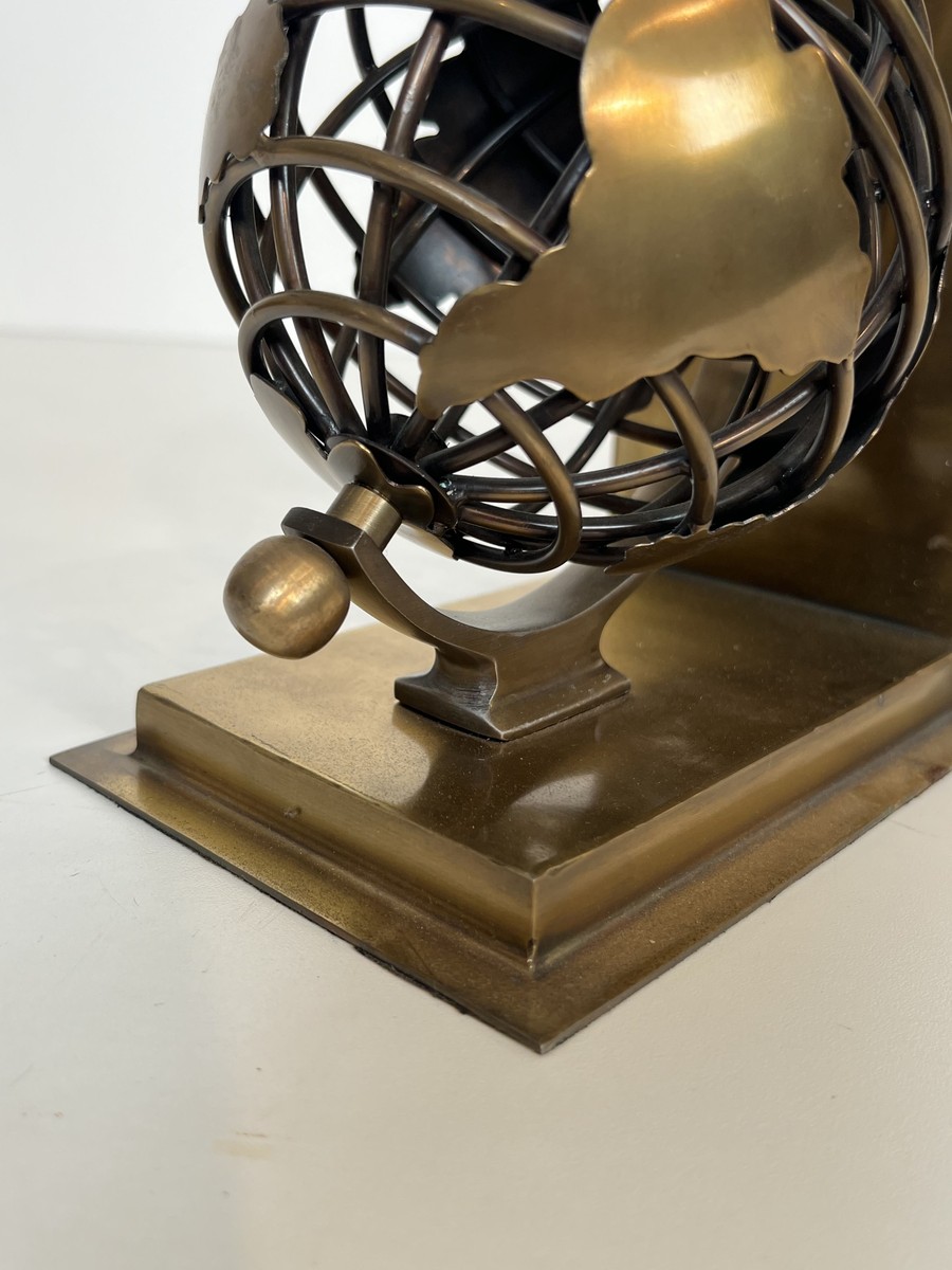 Pair Of Brass Bookends Featuring Openwork Terrestrial Globes. French Work. Circa 1970-photo-6