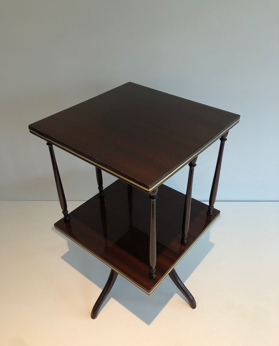 Revolving Two-tier Table In Mahogany And Brass With Turned Colonnettes. English Work. Circa 190-photo-1