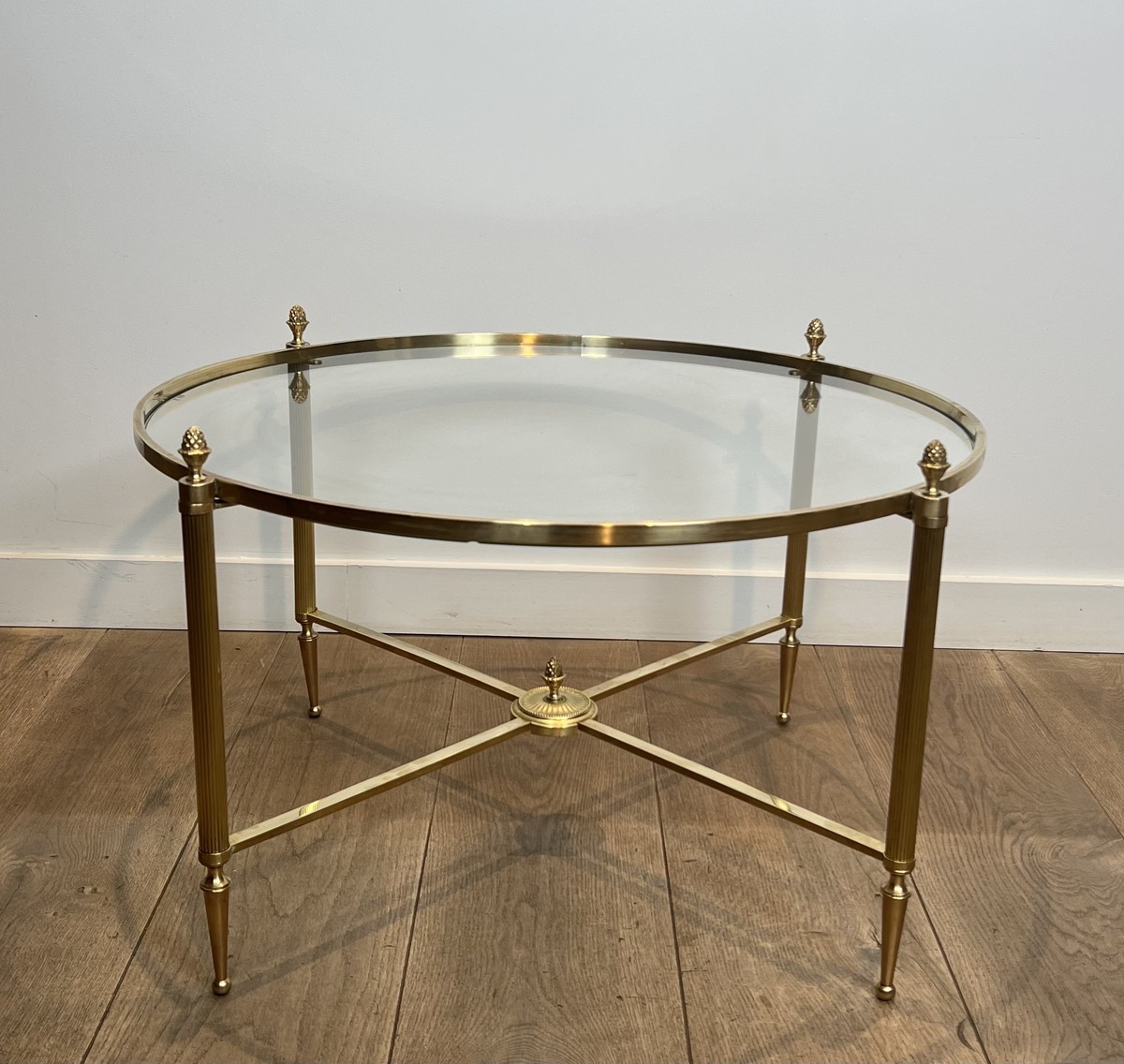 Round Neoclassical Brass Coffee Table With Fluted Uprights And Pinecone Finials. Glass. French -photo-2
