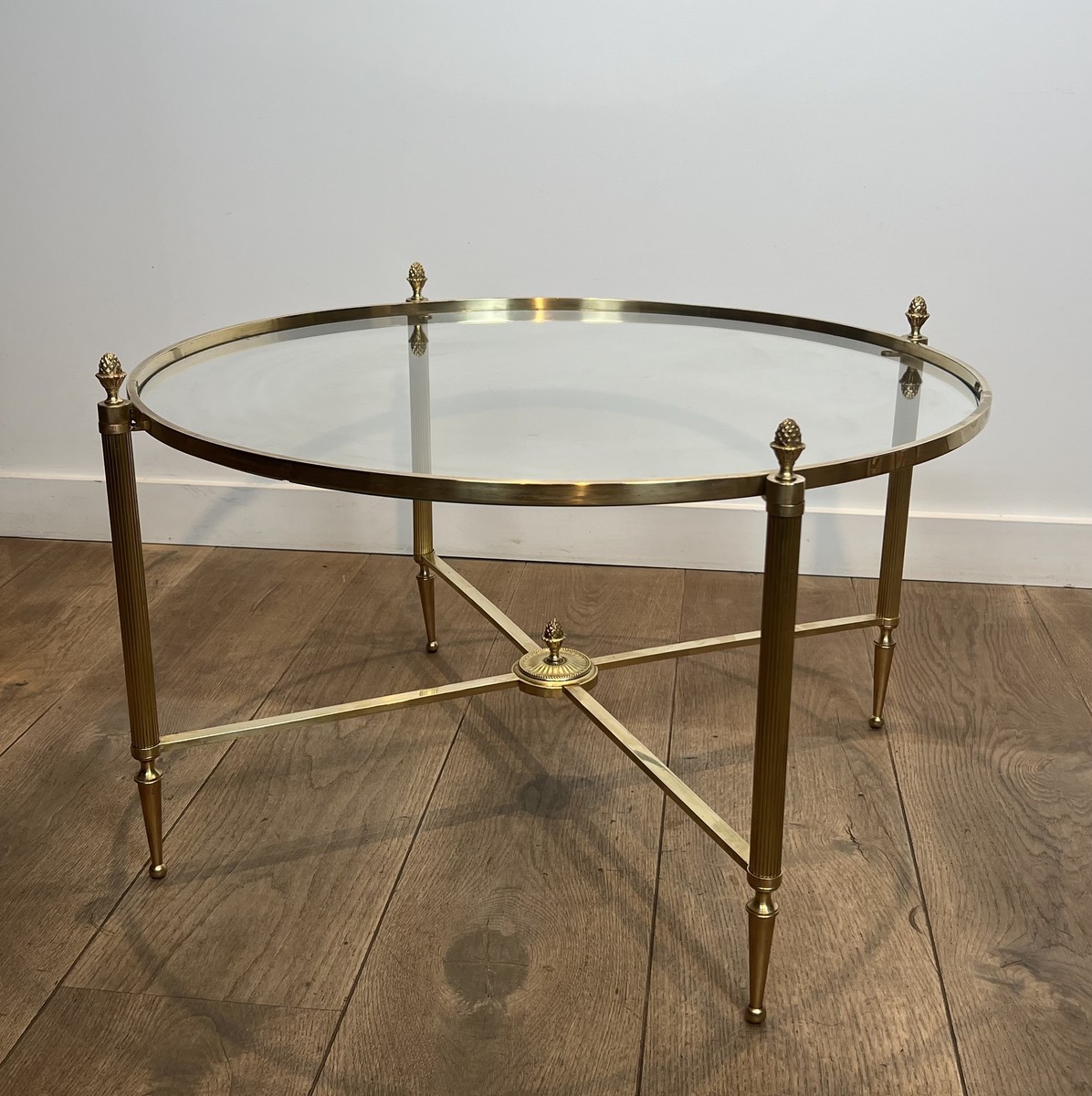 Round Neoclassical Brass Coffee Table With Fluted Uprights And Pinecone Finials. Glass. French -photo-1