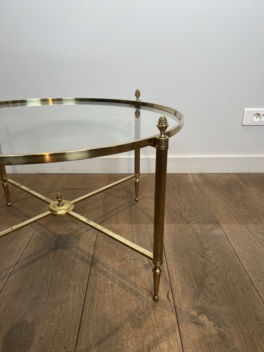 Round Neoclassical Brass Coffee Table With Fluted Uprights And Pinecone Finials. Glass. French -photo-2