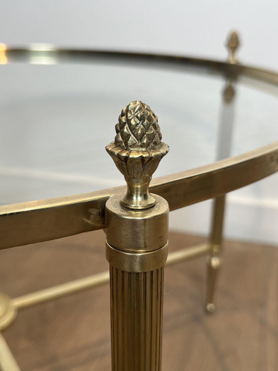 Round Neoclassical Brass Coffee Table With Fluted Uprights And Pinecone Finials. Glass. French -photo-3
