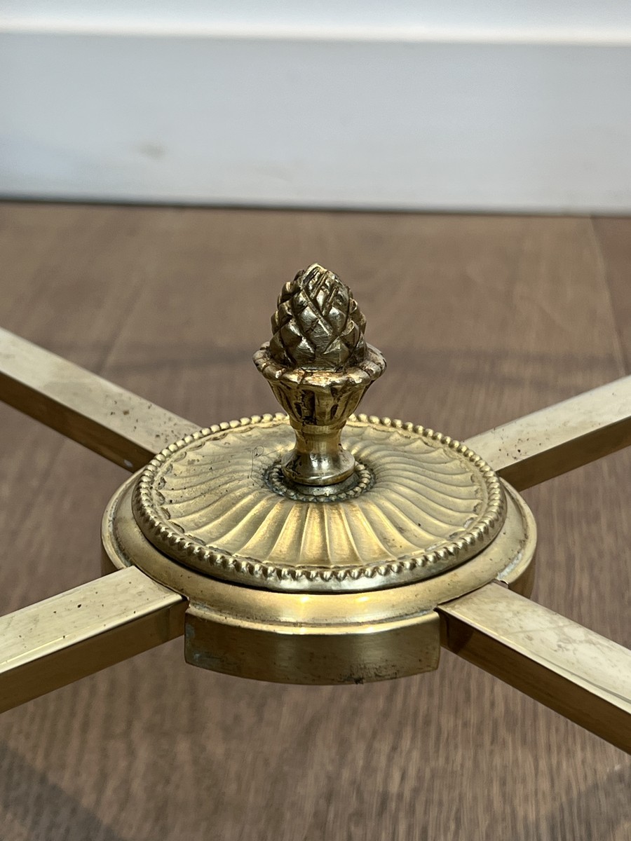 Round Neoclassical Brass Coffee Table With Fluted Uprights And Pinecone Finials. Glass. French -photo-4