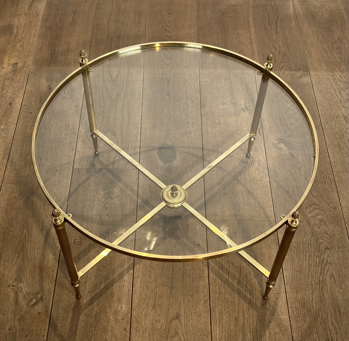 Round Neoclassical Brass Coffee Table With Fluted Uprights And Pinecone Finials. Glass. French -photo-5