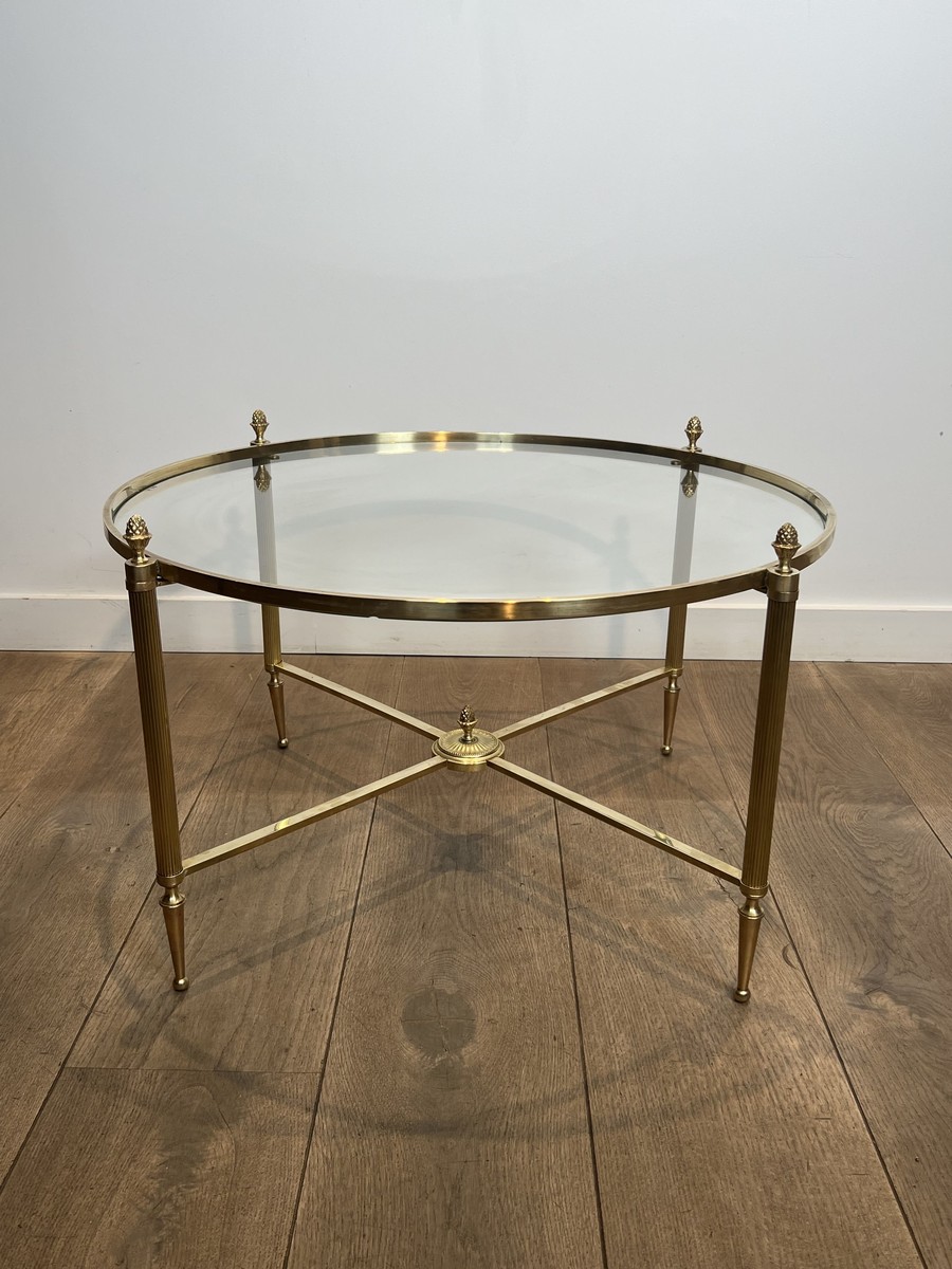 Round Neoclassical Brass Coffee Table With Fluted Uprights And Pinecone Finials. Glass. French -photo-6
