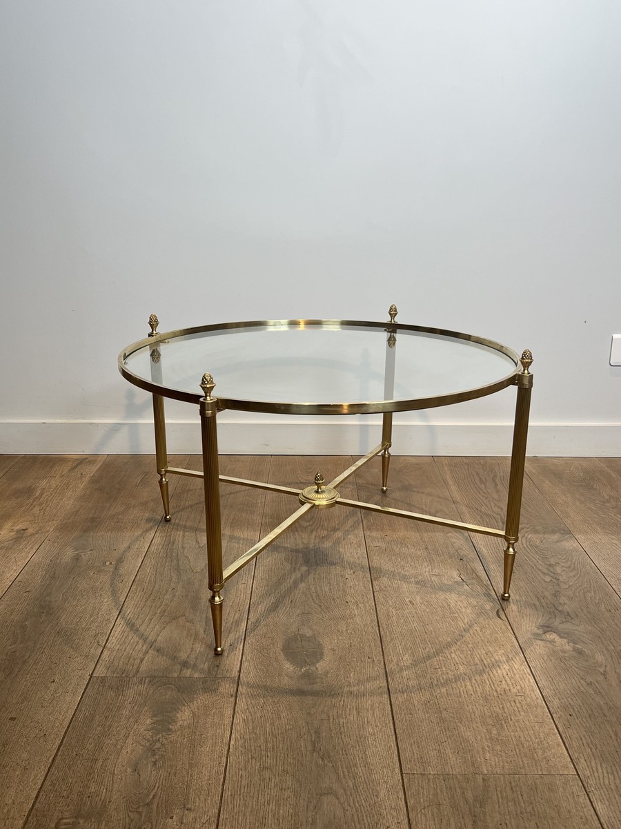 Round Neoclassical Brass Coffee Table With Fluted Uprights And Pinecone Finials. Glass. French -photo-7
