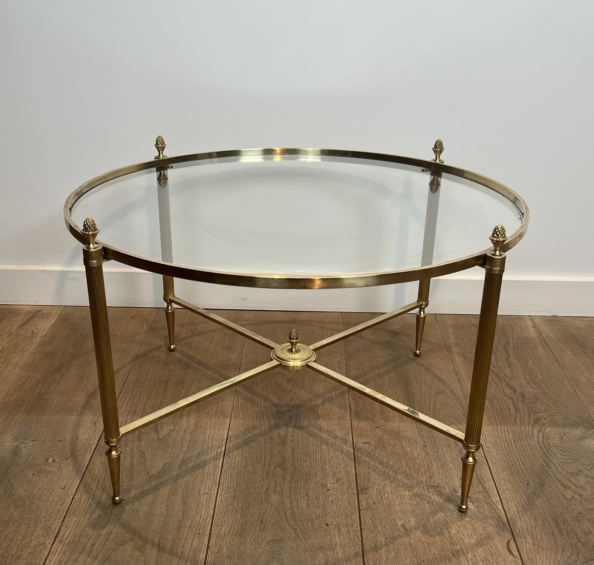 Round Neoclassical Brass Coffee Table With Fluted Uprights And Pinecone Finials. Glass. French -photo-8