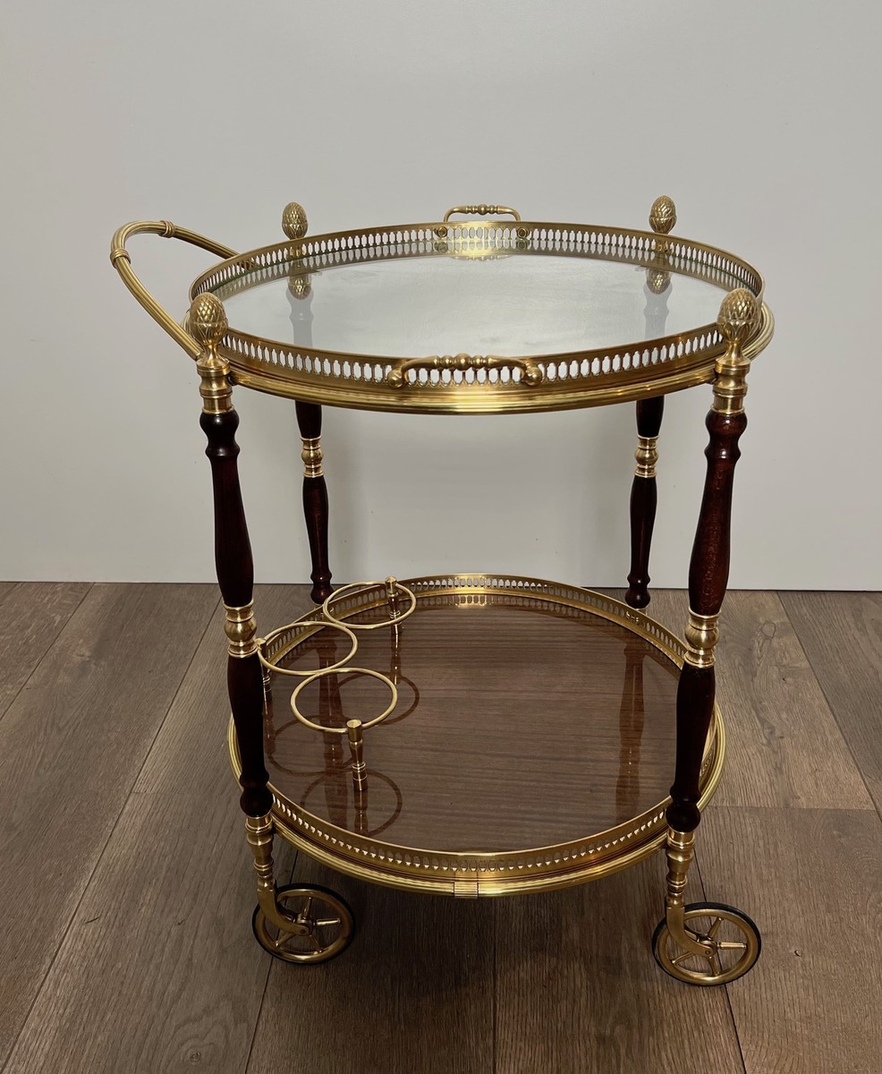 Oval Brass And Mahogany Bar Cart With Openwork Gallery And Bottle Holder. French Work By Maison-photo-2