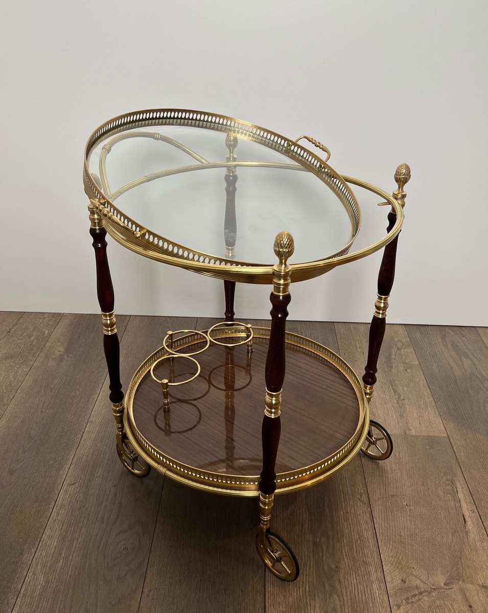 Oval Brass And Mahogany Bar Cart With Openwork Gallery And Bottle Holder. French Work By Maison-photo-4