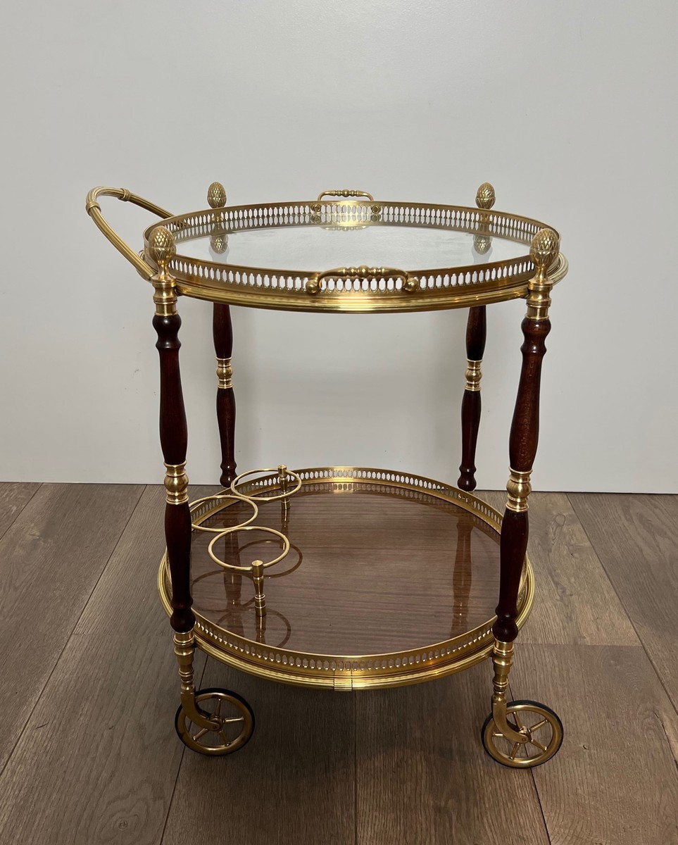 Oval Brass And Mahogany Bar Cart With Openwork Gallery And Bottle Holder. French Work By Maison-photo-2