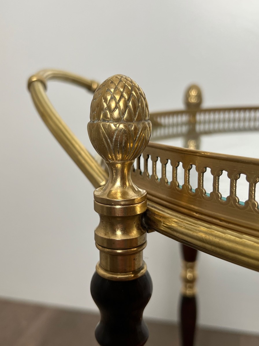 Oval Brass And Mahogany Bar Cart With Openwork Gallery And Bottle Holder. French Work By Maison-photo-3