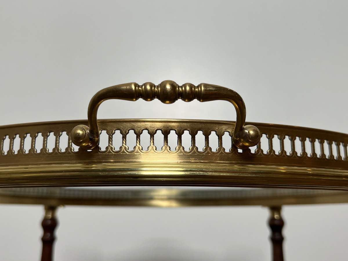 Oval Brass And Mahogany Bar Cart With Openwork Gallery And Bottle Holder. French Work By Maison-photo-4