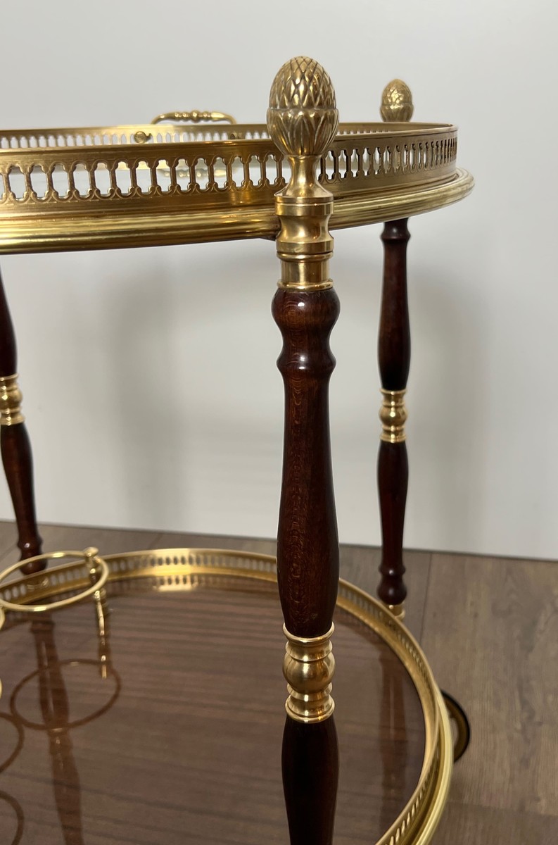 Oval Brass And Mahogany Bar Cart With Openwork Gallery And Bottle Holder. French Work By Maison-photo-5
