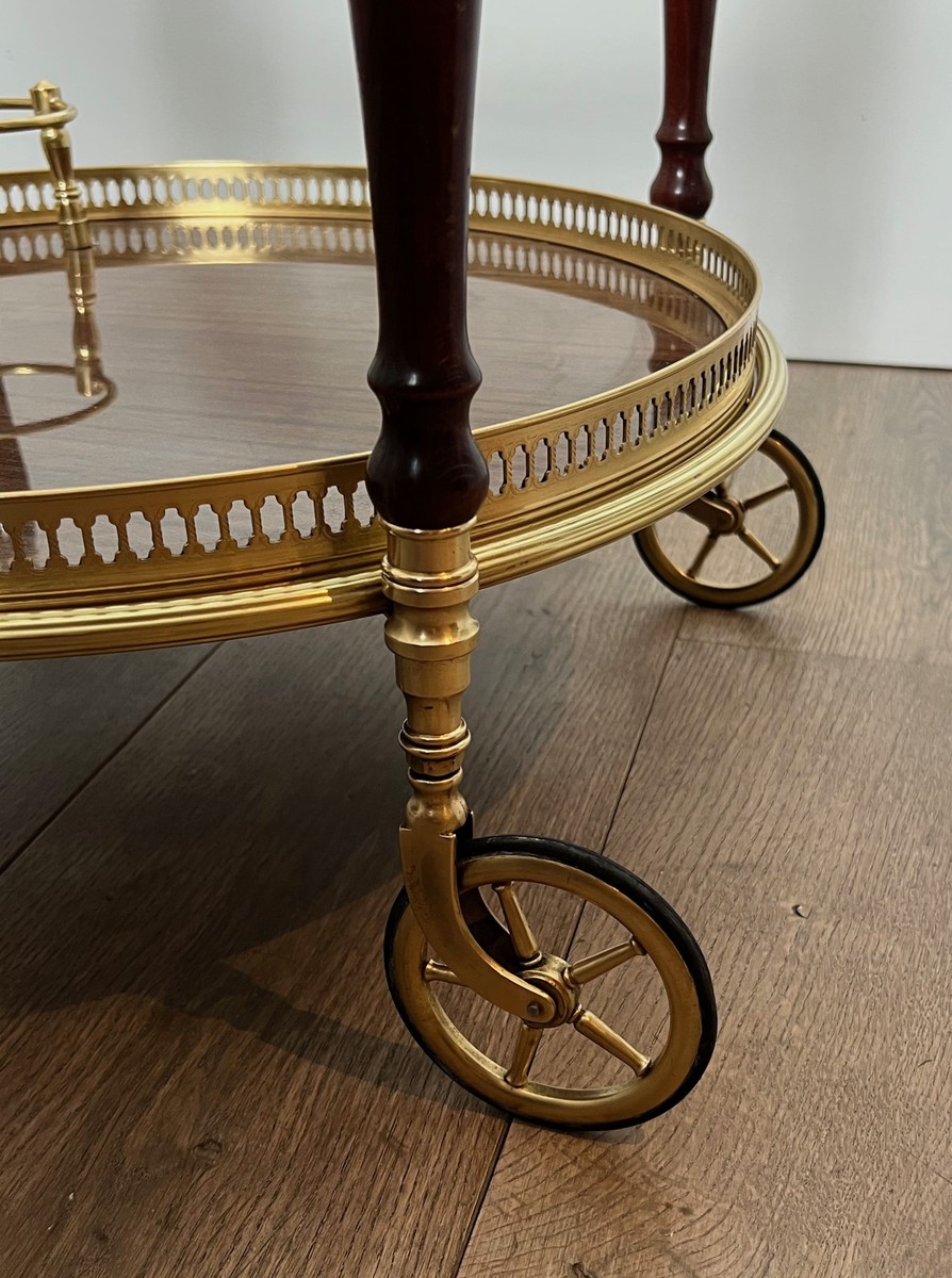 Oval Brass And Mahogany Bar Cart With Openwork Gallery And Bottle Holder. French Work By Maison-photo-6